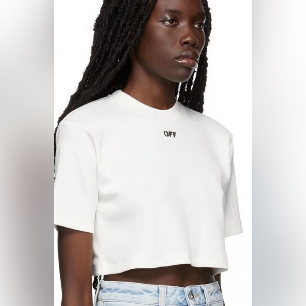 Off-White Ribbed Asymmetrical Crop Tee - Picture 3 of 10